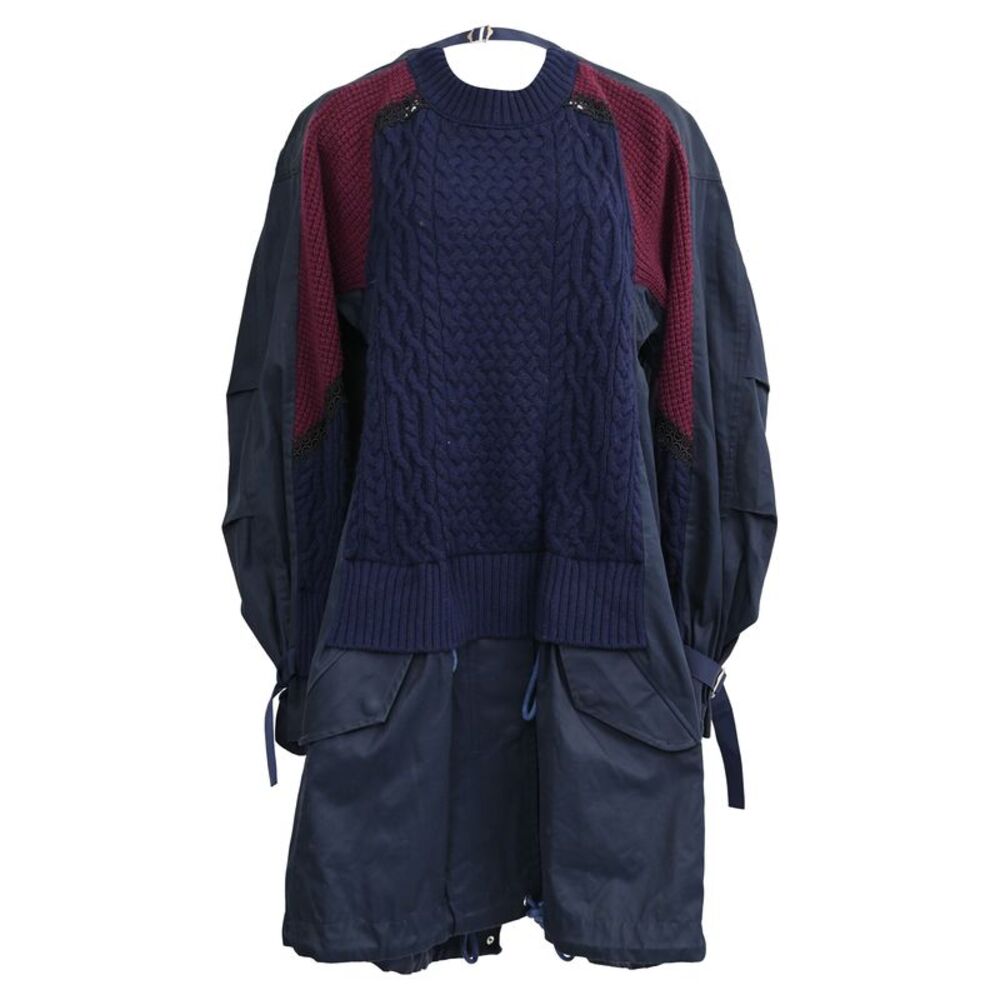 Sacai Cable-Knit Layered Effect Mini Dress in Navy Blue Wool
